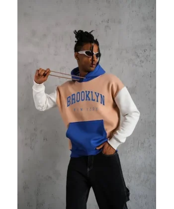 Erkek Çok Parçalı Baskılı Kapüşonlu Sweatshirt - Krem