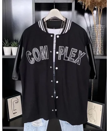 Erkek Complex Kolları Deri Kolej Oversize T-shirt - Siyah