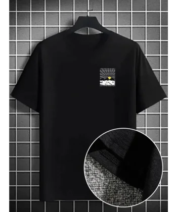 Erkek Dağ Grafikli Tişört, Yaz Için Büyük Beden Rahat T-shirt - Siyah