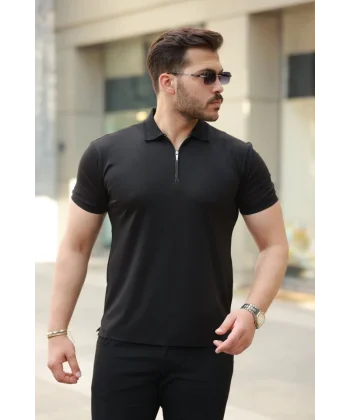 Erkek Deri Panel Detaylı Fermuar Yakalı Kısa Kollu Tişört