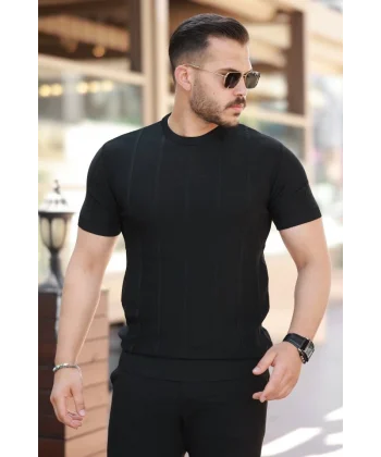 Erkek Desenli çizgi Kabartmalı Kısa Kollu Tişört