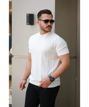 Erkek Desenli çizgi Kabartmalı Kısa Kollu Tişört