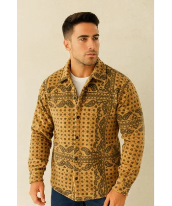 Erkek Desenli Düğmeli Polar Gömlek – Hardal Paisley Desen Yakalı, Uzun Kollu, Oversize Rahat Kalıp - Sarı