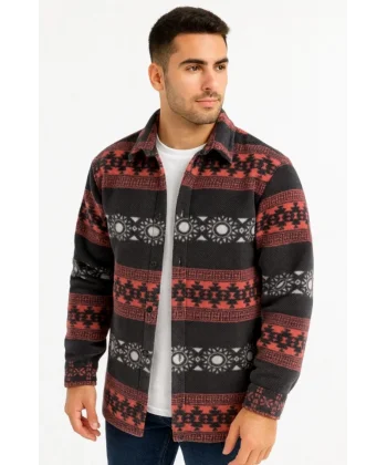 Erkek Desenli Polar Gömlek – Etnik Şerit Desen Yakalı, Uzun Kollu, Düğmeli, Oversize Rahat Kalıp - Füme
