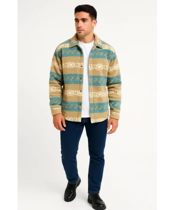 Erkek Desenli Polar Gömlek – Etnik Şerit Desen Yakalı, Uzun Kollu, Düğmeli, Oversize Rahat Kalıp - Sarı