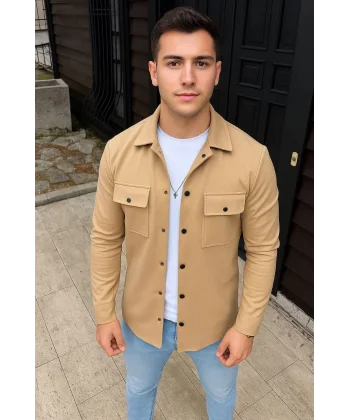 Erkek Diagonal Kumaş Cepli Çıtçıtlı uzun Kollu, Gömlek Oversize Rahat Kalıp Günlük Şık Stil - Bej