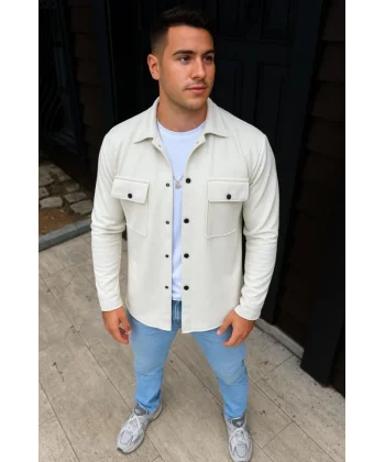 Erkek Diagonal Kumaş Cepli Çıtçıtlı Uzun Kollu, Gömlek Oversize Rahat Kalıp Günlük Şık Stil - Beyaz