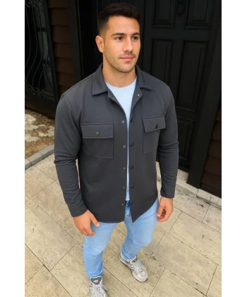 Erkek Diagonal Kumaş Cepli Çıtçıtlı uzun Kollu, Gömlek Oversize Rahat Kalıp Günlük Şık Stil - Füme