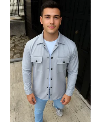 Erkek Diagonal Kumaş Cepli Çıtçıtlı uzun Kollu, Gömlek Oversize Rahat Kalıp Günlük Şık Stil - Gri