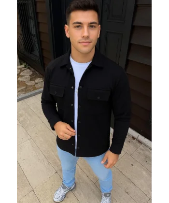 Erkek Diagonal Kumaş Cepli Çıtçıtlı Uzun Kollu, Gömlek Oversize Rahat Kalıp Günlük Şık Stil - Siyah