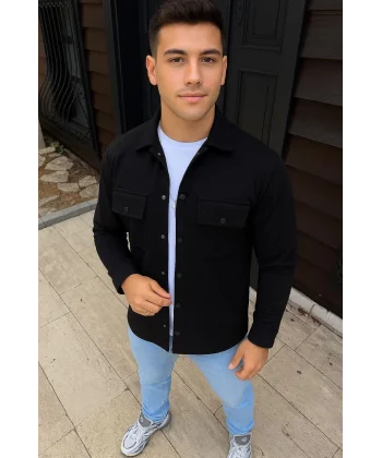 Erkek Diagonal Kumaş Cepli Çıtçıtlı uzun Kollu, Gömlek Oversize Rahat Kalıp Günlük Şık Stil - Siyah