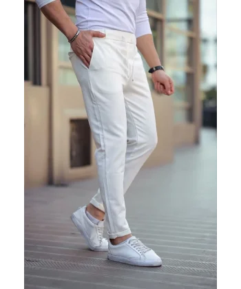 Erkek Diagonel Mikro dokulu Cepli Beli Lastilki Pantolon - Beyaz