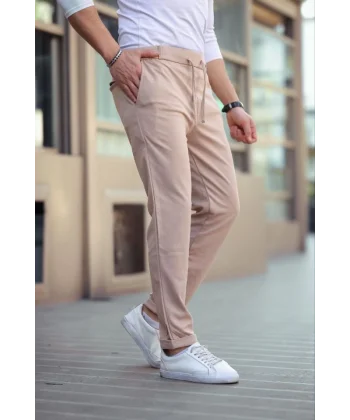 Erkek Diagonel Mikro Dokulu Cepli Beli Lastilki Pantolon - Kahverengi