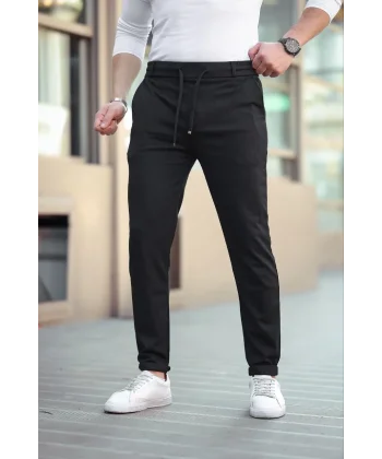 Erkek Diagonel Mikro dokulu Cepli Beli Lastilki Pantolon - Siyah