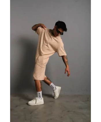 Erkek Dijital Baskılı İkili Şortlu Takım - Bej