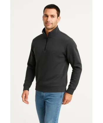 Erkek Dik Yaka Sweatshirt Dik Yaka Yarım Fermuarlı 3 İplik Şardonlu Pamuk Kumaş - Antrasit