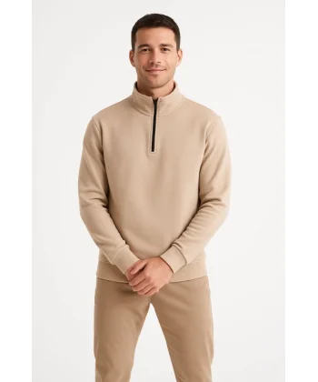 Erkek Dik Yaka Sweatshirt Dik Yaka Yarım Fermuarlı 3 İplik Şardonlu Pamuk Kumaş - Bej