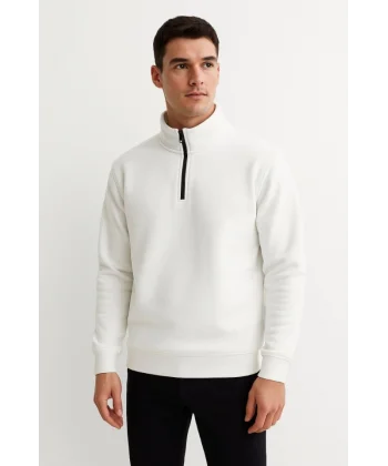 Erkek Dik Yaka Sweatshirt Dik Yaka Yarım Fermuarlı 3 İplik Şardonlu Pamuk Kumaş - Beyaz
