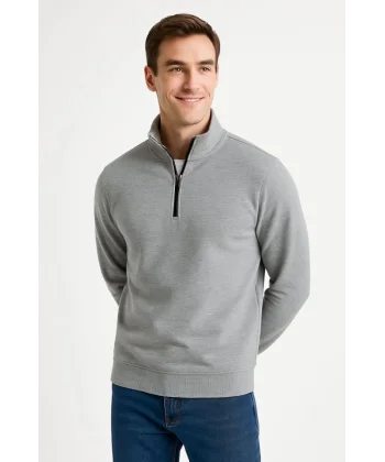 Erkek Dik Yaka Sweatshirt Dik Yaka Yarım Fermuarlı 3 İplik Şardonlu Pamuk Kumaş - Gri