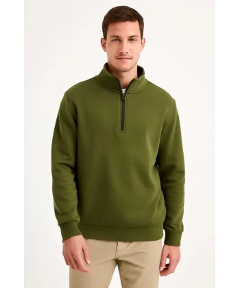 Erkek Dik Yaka Sweatshirt Dik Yaka Yarım Fermuarlı 3 İplik Şardonlu Pamuk Kumaş - Haki
