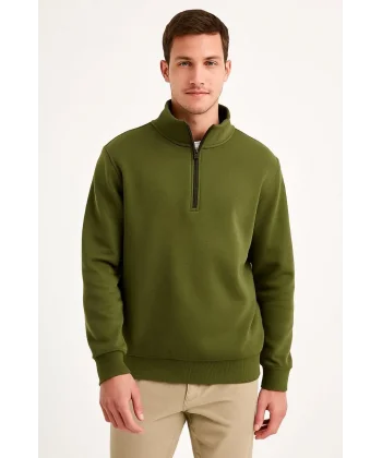 Erkek Dik Yaka Sweatshirt Dik Yaka Yarım Fermuarlı 3 İplik Şardonlu Pamuk Kumaş - Haki