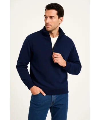 Erkek Dik Yaka Sweatshirt Dik Yaka Yarım Fermuarlı 3 İplik Şardonlu Pamuk Kumaş - Lacivert