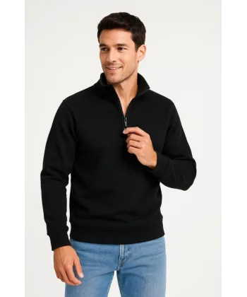 Erkek Dik Yaka Sweatshirt Dik Yaka Yarım Fermuarlı 3 İplik Şardonlu Pamuk Kumaş - Siyah