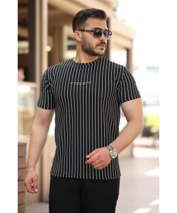 Erkek Dikey çizgili Ottoman Kumaş Kısa Kollu T-shirt