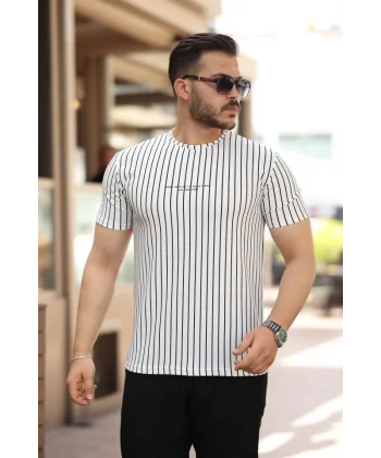 Erkek Dikey çizgili Ottoman Kumaş Kısa Kollu T-shirt
