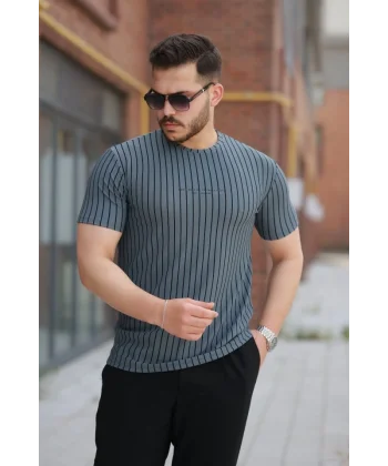 Erkek Dikey çizgili Ottoman Kumaş Kısa Kollu T-shirt
