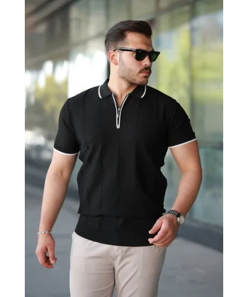 Erkek Dikey Kabartmalı Örgü Dokulu Fermuar Yakalı Tişört