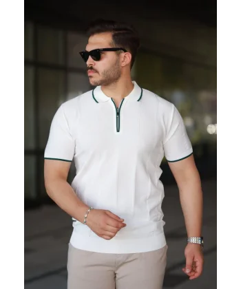 Erkek Dikey Kabartmalı Örgü Dokulu Fermuar Yakalı Tişört