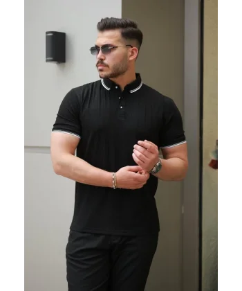 Erkek Düğme Yakalı Jakar Kumaş Kısa Kollu Tişört