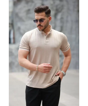 Erkek Düğme Yakalı Jakar Kumaş Kısa Kollu Tişört