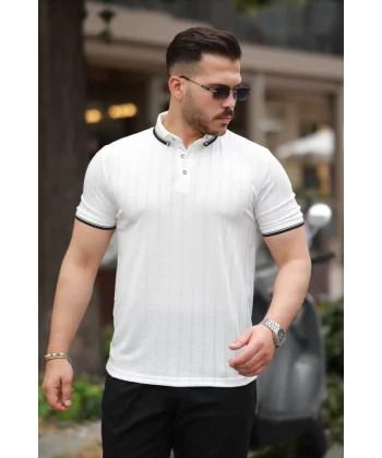 Erkek Düğme Yakalı Jakar Kumaş Kısa Kollu Tişört