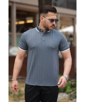 Erkek Düğme Yakalı Jakar Kumaş Kısa Kollu Tişört