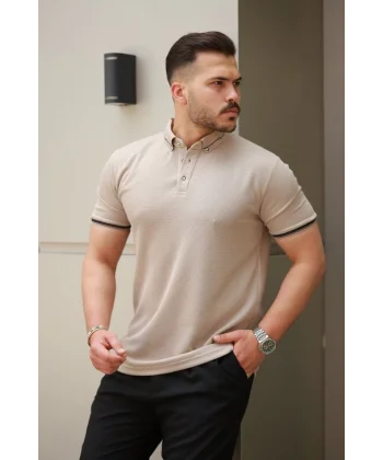 Erkek Düğmeli Yaka Waffle Kumaş Kısa Kollu Tişört