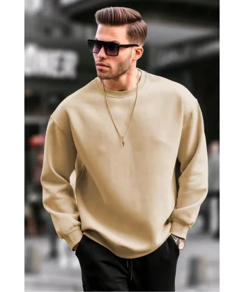 Erkek Düz Bisiklet Yaka Sweat - Bej