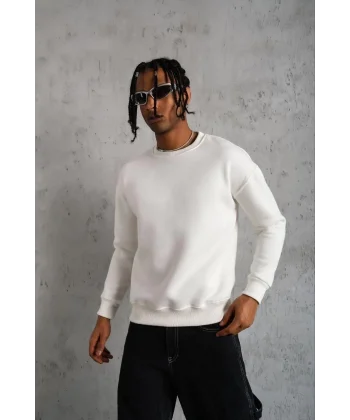 Erkek Düz Bisiklet Yaka Sweat - Beyaz
