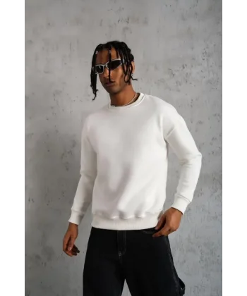 Erkek Düz Bisiklet Yaka Sweat - Beyaz