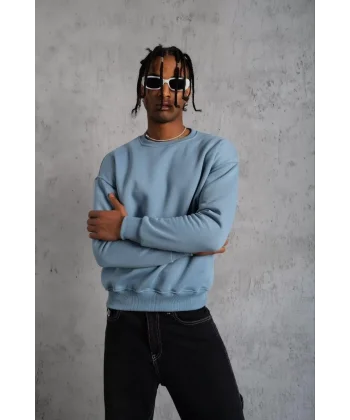 Erkek Düz Bisiklet Yaka Sweat - Mavi