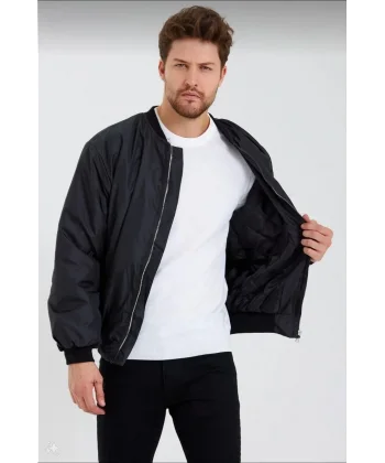Unisex Siyah Bomber Mont – Su İtici Kumaş, Kapitone Astarlı, Fermuarlı ve Günlük Kullanıma Uygun Ceket- Siyah