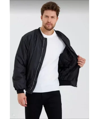 Erkek Düz Bomber Ceket - Siyah