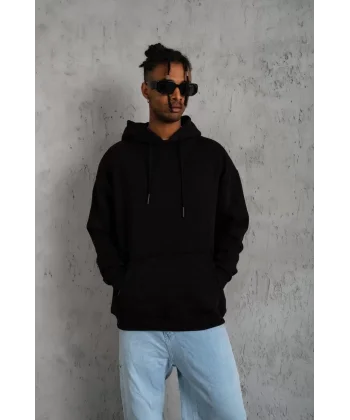 Erkek Düz Kapüşonlu Sweat - Siyah