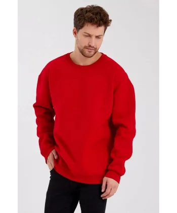 Erkek Düz Renk Bisiklet Yaka Sweat - Kırmızı
