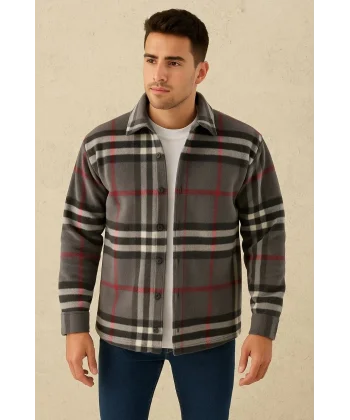 Erkek Ekose Desenli Düğmeli Polar Yakalı Uzun Kollu Gömlek Oversize Rahat Kalıp - Füme