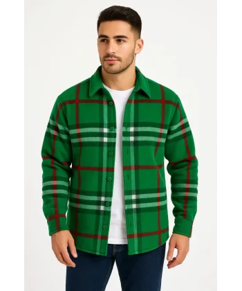 Erkek Ekose Desenli Düğmeli Polar Yakalı Uzun Kollu Gömlek Oversize Rahat Kalıp - Yeşil