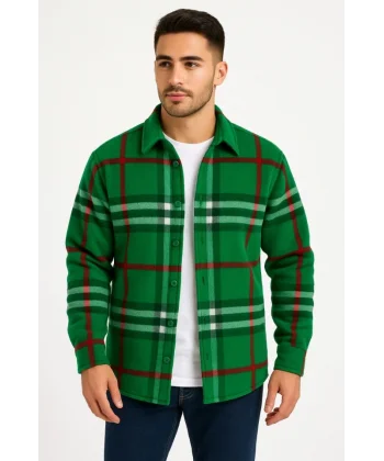 Erkek Ekose Desenli Düğmeli Polar Yakalı Uzun Kollu Gömlek Oversize Rahat Kalıp - Yeşil