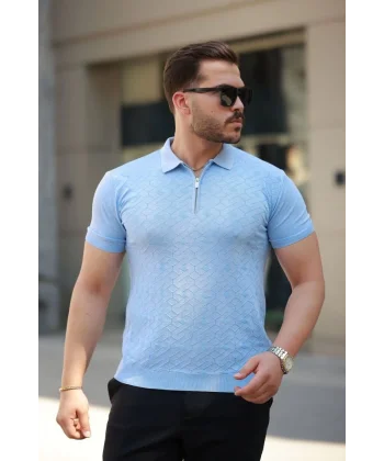 Erkek Fermuar Yakalı Baklava Desen Kısa Kollu Gömlek