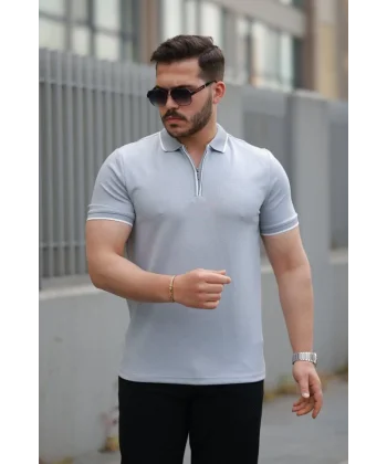 Erkek Fermuar Yakalı çizgi Detaylı Oysho Kumaş Kısa Kollu Tişört